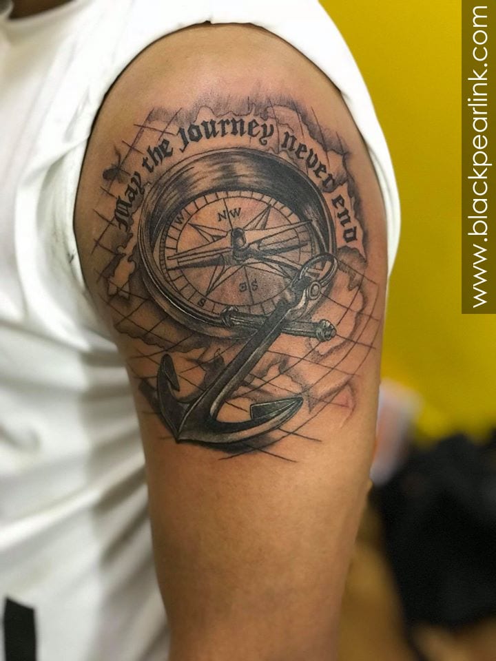 Compass and Anchor Tattoo on Biceps