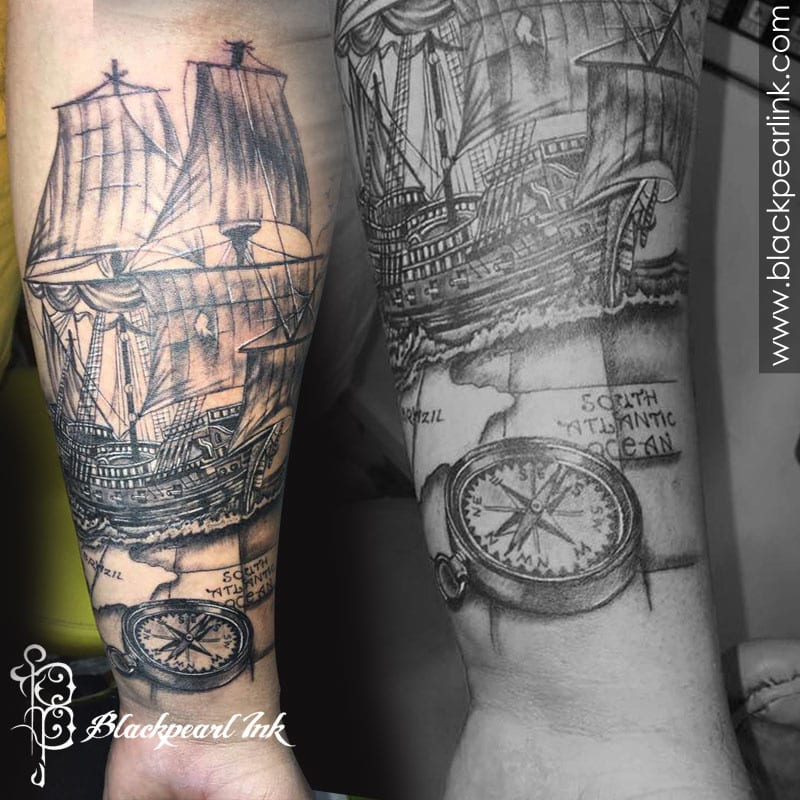 Ship in the Ocean Tattoo on Forearm 7
